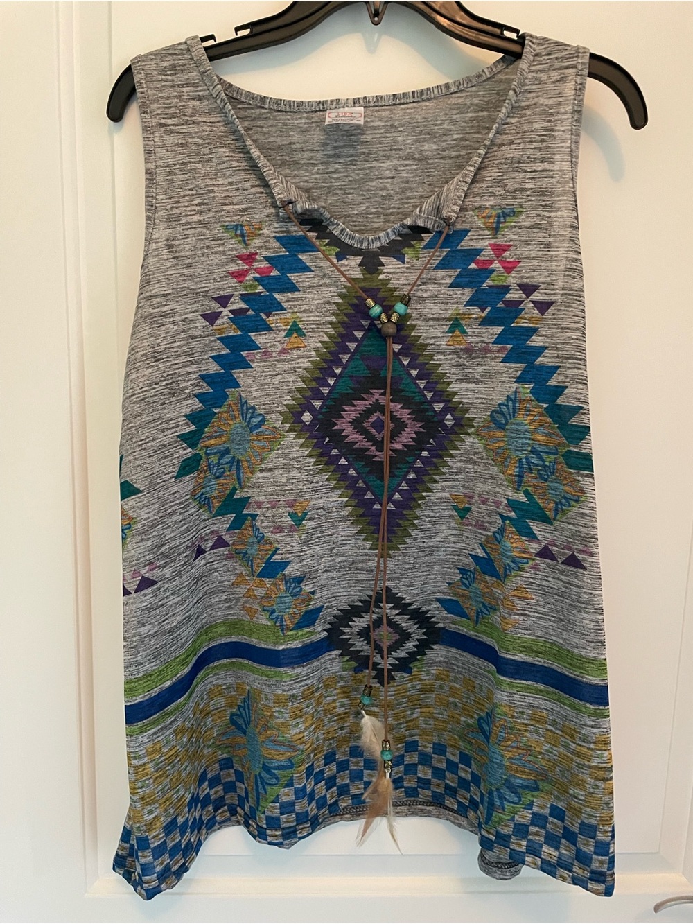 Gray Aztec-Pattern Sleeveless Tank Top with Teal & Purple Accents